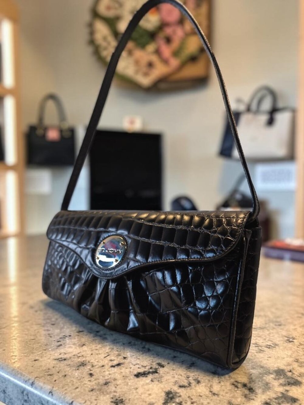 Black Crocodile Embossed East West Long bag, Shoulder, or Clutch Bag By St. John
